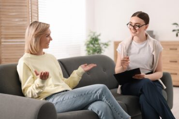 Woman talking to her therapist about MVP healthcare plans.